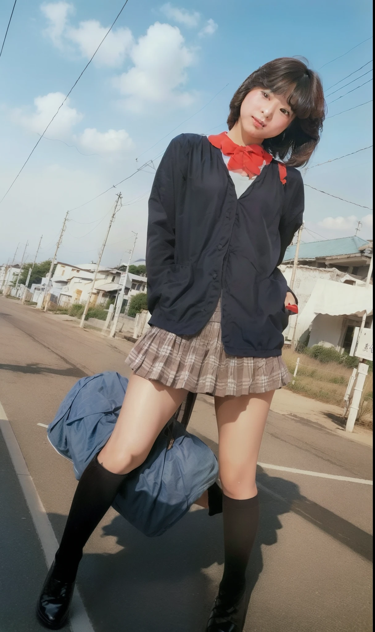 Arafed asian woman in a school uniform and boots standing on a street -  SeaArt AI