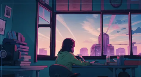 city, lo-fi, sunset, red and orange, Girl studying