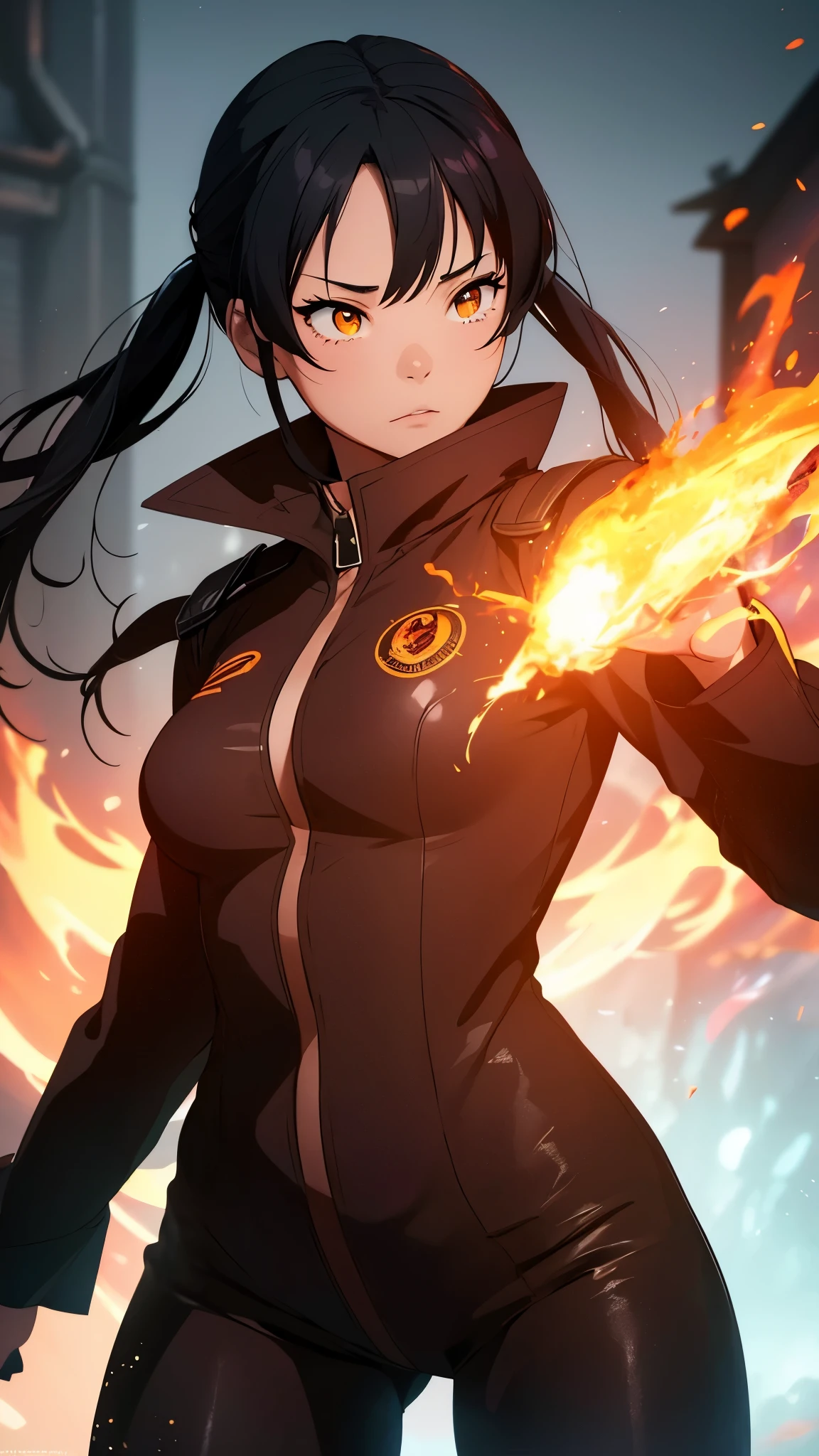 Tamaki Kotatsu from Fire Force, a beautiful girl (model-like appearance) aged 17-19. She has a slender figure with long legs and a graceful cat-like demeanor. She is dressed in a micro bikini and a black leather jacket. The artwork should capture her in a sensual pose. (best quality, 4k, 8k, highres, masterpiece:1.2), ultra-detailed, (realistic, photorealistic, photo-realistic:1.37), HDR, vivid colors, professional, bokeh, studio lighting Medium: Illustration Additional details: The backdrop depicts a fiery scene with smoke and flames adding intensity to the environment. The overall composition should exude a sense of power and confidence, highlighting Tamaki's beauty and strength. The artwork should emphasize the intricate details of her eyes and lips, showcasing their mesmerizing beauty. The lighting should accentuate her figure, casting soft shadows that enhance her curves and add depth to the overall image. The color palette should reflect the vibrant and fiery nature of the Fire Force series, incorporating shades of red, orange, and yellow. The art style should capture the essence of anime, combining bold linework with dynamic and sexy poses.