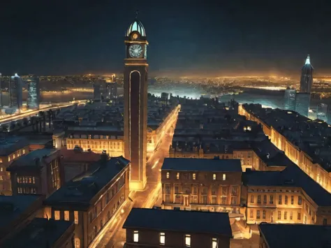 arafed view of a city at night with a clock tower, vfx powers at night in the city, cinematic shot ar 9:16 -n 6 -g, very detaile...