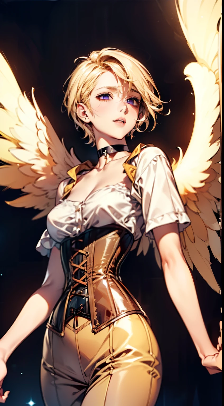 ((blonde short hair:1.8)), (shining purple eyes)beautiful, beautiful woman, perfect anatomy, perfect body, perfect breasts, ((angel with a pair of wings spread:1.8, white clothes, corset, choker:1.6)), forest:1.6, captivating gaze, slight smile, realism, masterpiece, rough skin , Super detailed, high detail, high quality, 最high quality, 1080p, 16k, (look down on the audience)