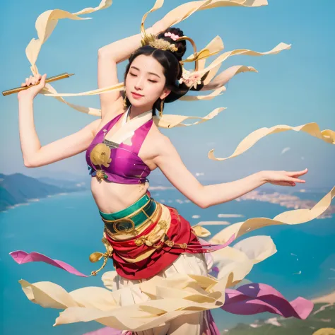 goddess, flying, dance in the air, whistle in the air, acrobatic in the air, (((she wearing hagoromo)))