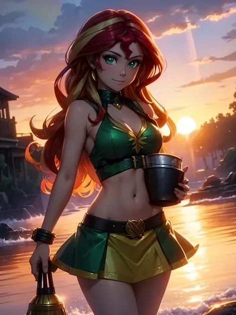 sunset shimmer dressed as a sexy leprechaun holding a pot of gold, ((rainbow in the background)), gold coins