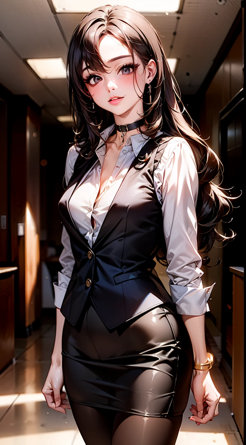 ((long hair, black hair, Curly hair inside)), beautiful, beautiful woman, perfect body, perfect breasts, (navy blue suit vest:1.8, Long-sleeved white shirt with collar and buttons, Dark blue tight skirt:1.4, black pantyhose:1.3, choker), Inside the department store:1.6, looking at the audience, slight smile, realism, masterpiece, rough skin , Super detailed, high detail, high quality, 最high quality, 1080p, 16k