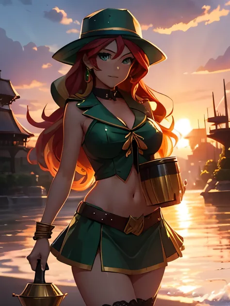 sunset shimmer dressed as a sexy leprechaun holding a pot of gold, ((rainbow in the background)), gold coins, wearing a green de...