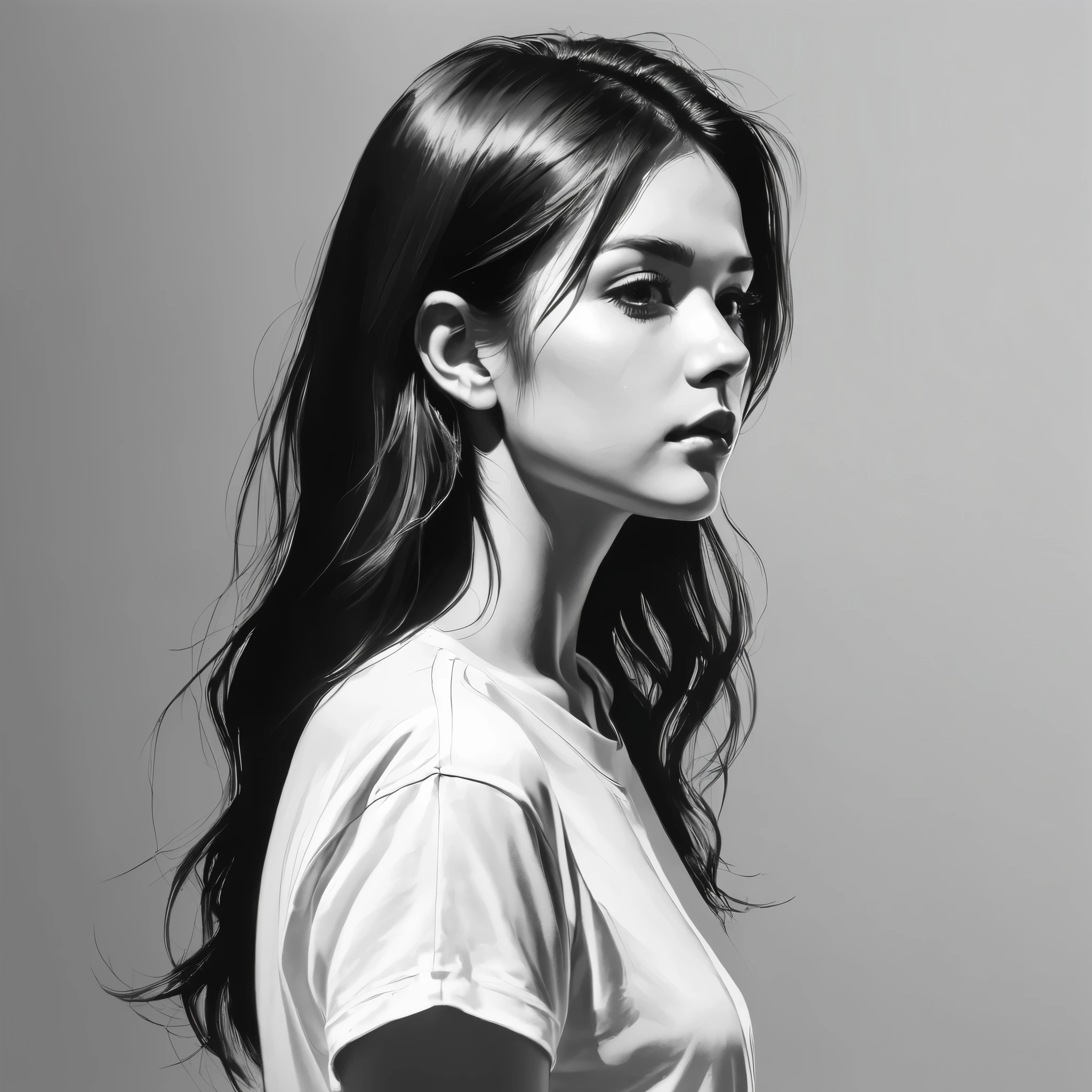 (미니멀리즘:1.5)，초상화，(흑백 스케치 페인팅)，간단한 구성，소녀 1명,20세 소녀, 얼굴에 빛이 나네요, 티셔츠，뒷모습，프로필