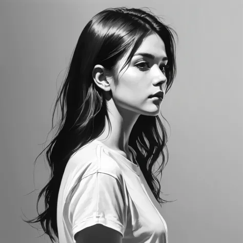 (Minimalism:1.5)，Portraits，(Black and white sketch painting)，Simple composition，1 girl,20 year old girl, There is light on the f...