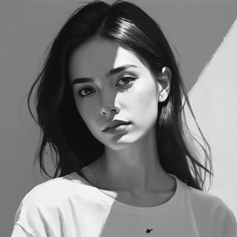 (minimalism:1.5)，portrait，(black and white sketch painting)，simple composition，1 girl,20 year old girl, there is light on the fa...