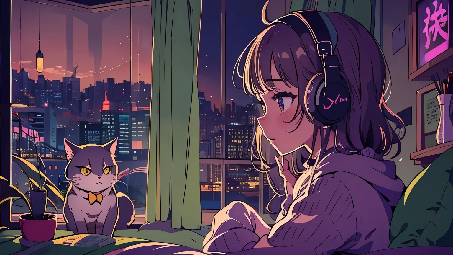 Ein detailliertes Anime-Mädchen, Einen großen Pullover tragen, Tragen von Kopfbügel-Kopfhörern, Lob, still, Ruhige Vibes, Abkühlen, in ihrem Schlafzimmer und schaut zum Fenster, Nacht, quiet Nacht, Katze, Meisterwerk, beste Qualität