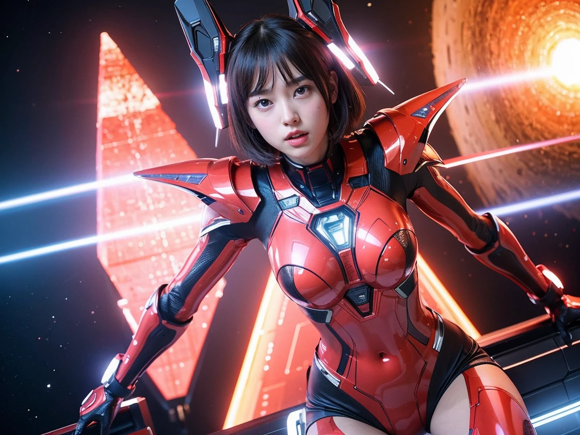 (RAW photo, highest quality), (realistic, Photoreal:1.3), 1 girl、realisticbody、Strawberry pattern battle suit costume、Pyramid-shaped UFO flying from space、avoid missiles、action pose