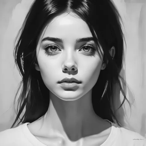 (minimalism:1.5)，portraits，(black and white sketch painting)，simple composition，1 girl,20 year old girl, there is light on the f...