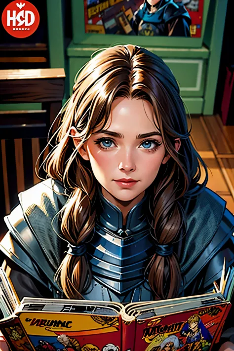 Bird's Eye View  detailed ((dnd knight middle aged woman  portrait)), happy, HD, (oil painting:1.1), (comic book art style:1.5),...