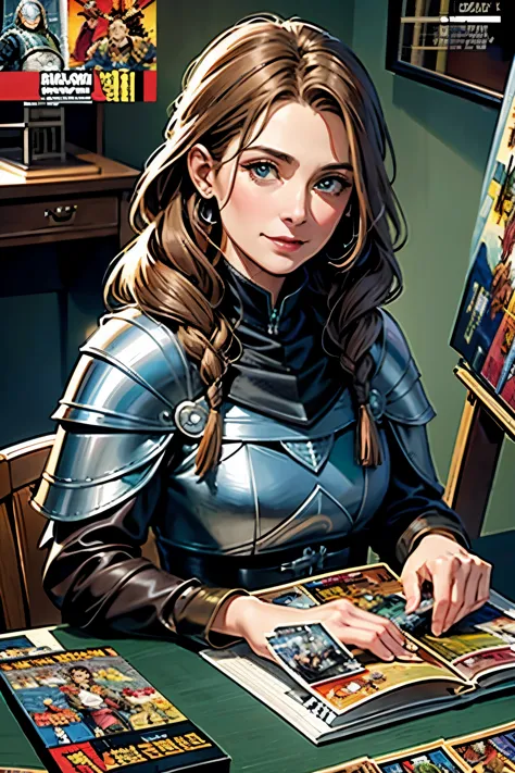 Bird's Eye View  detailed ((dnd knight middle aged woman  portrait)), happy, HD, (oil painting:1.1), (comic book art style:1.5),...