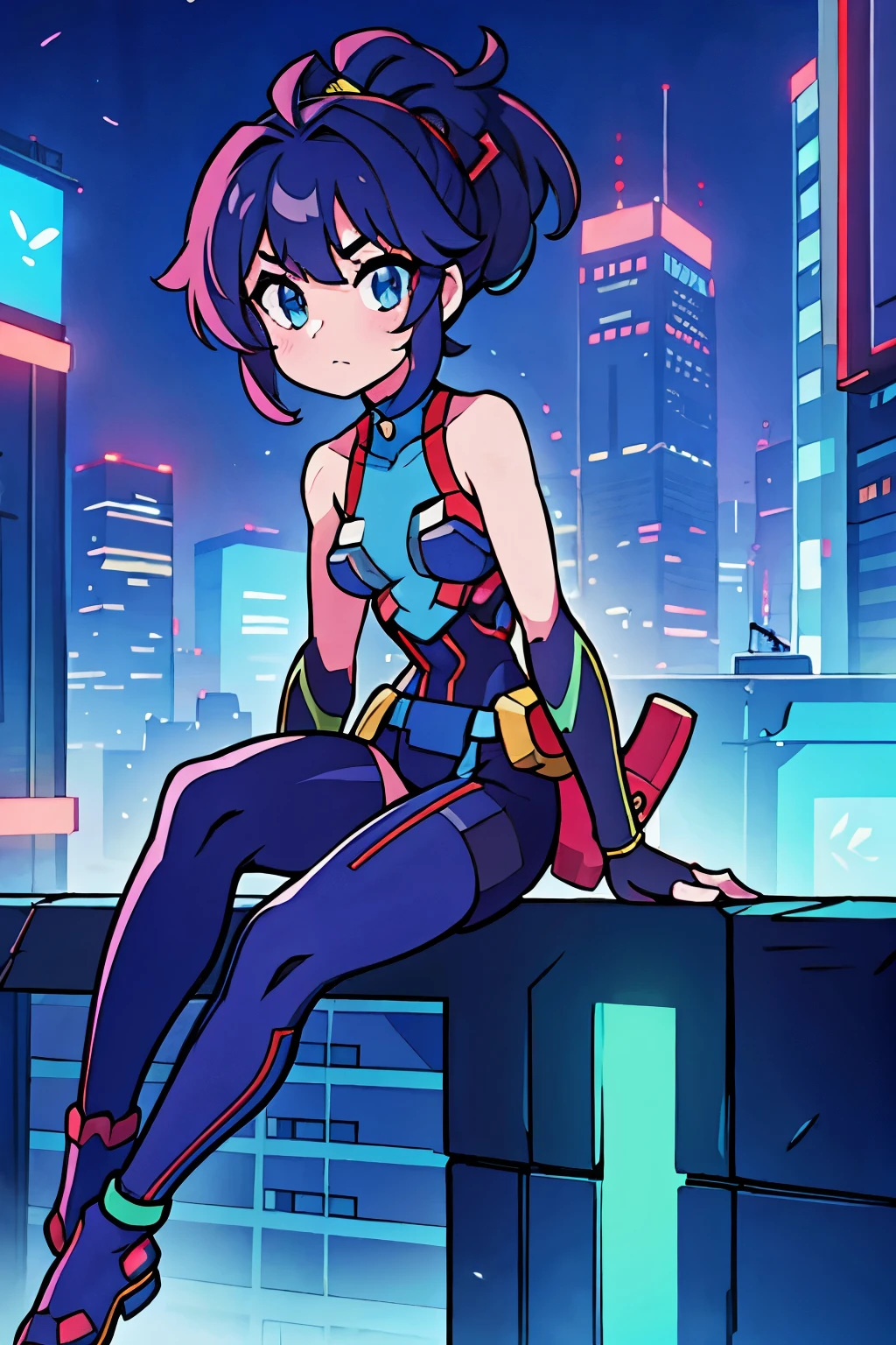 alia_megamanx sitting on the edge of the top of a building in Tokyo - cyberpunk city in the background, linhas grossas, desenho simples, flat