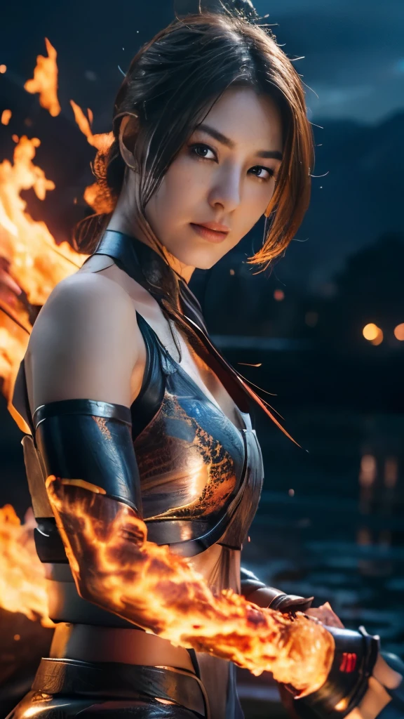 (RAW shooting, Photoreal:1.5, 8k, highest quality, masterpiece, ultra high resolution), Sengoku, fire thing, War fires raging everywhere:1.3, perfect dynamic composition:1.2, Highly detailed skin and facial textures:1.2, Slim female ninja with a sharp dagger:1.3, Fight:1.2, beautiful and aesthetic, cute and sexy beauty, perfect style:1.2, wear elaborate rings, fire, water, Wind, thunder, ice, Fair skin, very beautiful face, radiant white skin, (Medium chest, Chest gap), faint smile, (Wearing am off shoulder), (beautiful blue eyes, Eyes that feel beautiful eros:0.8), (Bewitching:0.9), full body shot, no mask, ninjitsu pose, neon lights