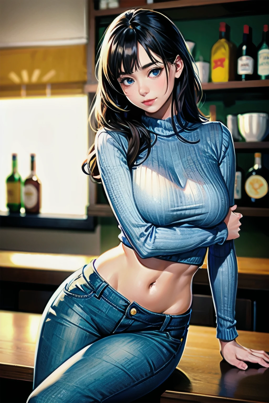 8k, best quality, realistic photos, realistic details, clear face, delicate facial features, real skin shine, a cute girl, shy, facing the camera, girl sitting in a bar in a gray fishnet sweater and tight denim, clear bar background, sea view, arms on bar counter, hips, slim body, big breasts, 2, charming, seductive eyes