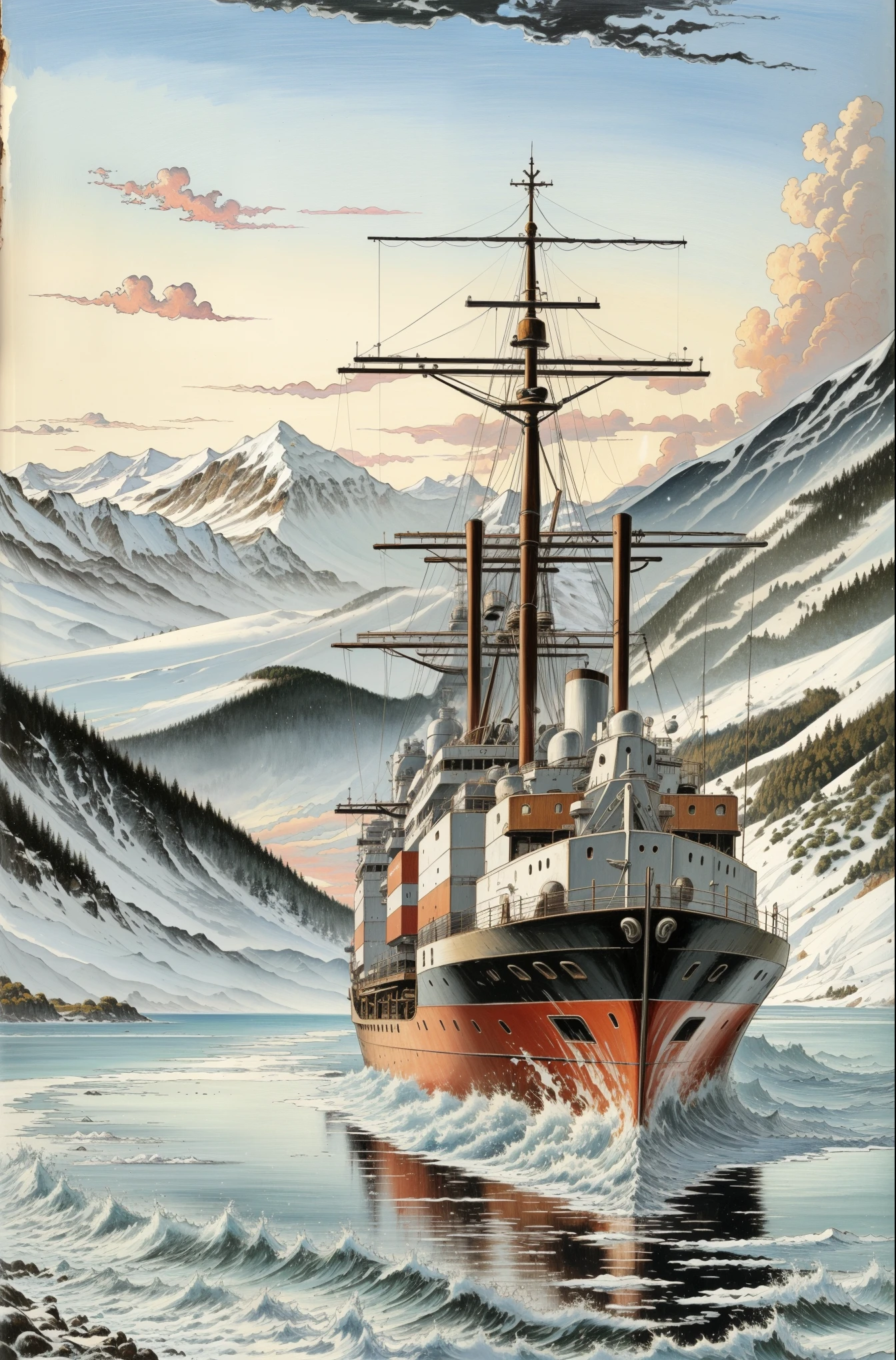 (best quality,highres,masterpiece:1.2),Arte de Yoji Shinkawa,concept art,storybook-like container ship,Snow-covered,cozy,illustrated,oil painting style,detailed sea waves,warm light,icy mountains,beautifully textured clouds,forested mountains,winter wonderland,colorful sunset,subtle reflections in the water,shimmering snowflakes,fantasy atmosphere,vivid colors,impressionistic brushstrokes,majestic size of the ship,glowing windows on the ship,peaceful surroundings