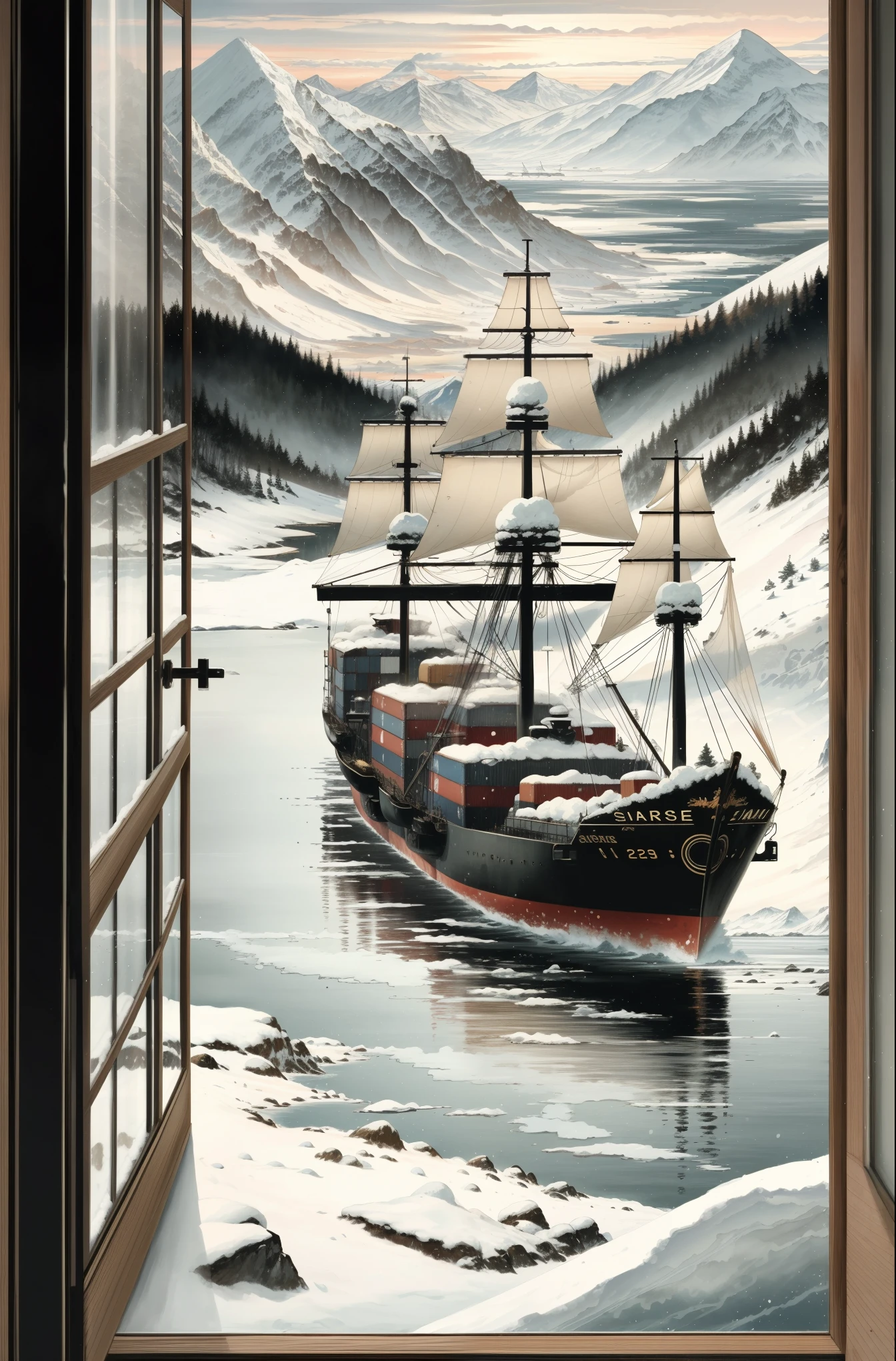 (beste Qualität,highres,Meisterwerk:1.2),Kunst von Yoji Shinkawa,Konzeptkunst,märchenhaftes Containerschiff,Schneebedeckt,gemütlich,illustriert,Ölgemälde-Stil,detaillierte Meereswellen,Warmes Licht,Eisige Berge,wunderschön strukturierte Wolken,bewaldete Berge,winter wonderland,farbenfroher Sonnenuntergang,subtile Spiegelungen im Wasser,schimmernde Schneeflocken,Fantasy-Atmosphäre,lebendige Farben,impressionistische Pinselstriche,majestätische Größe des Schiffes,leuchtende Fenster auf dem Schiff,ruhige Umgebung