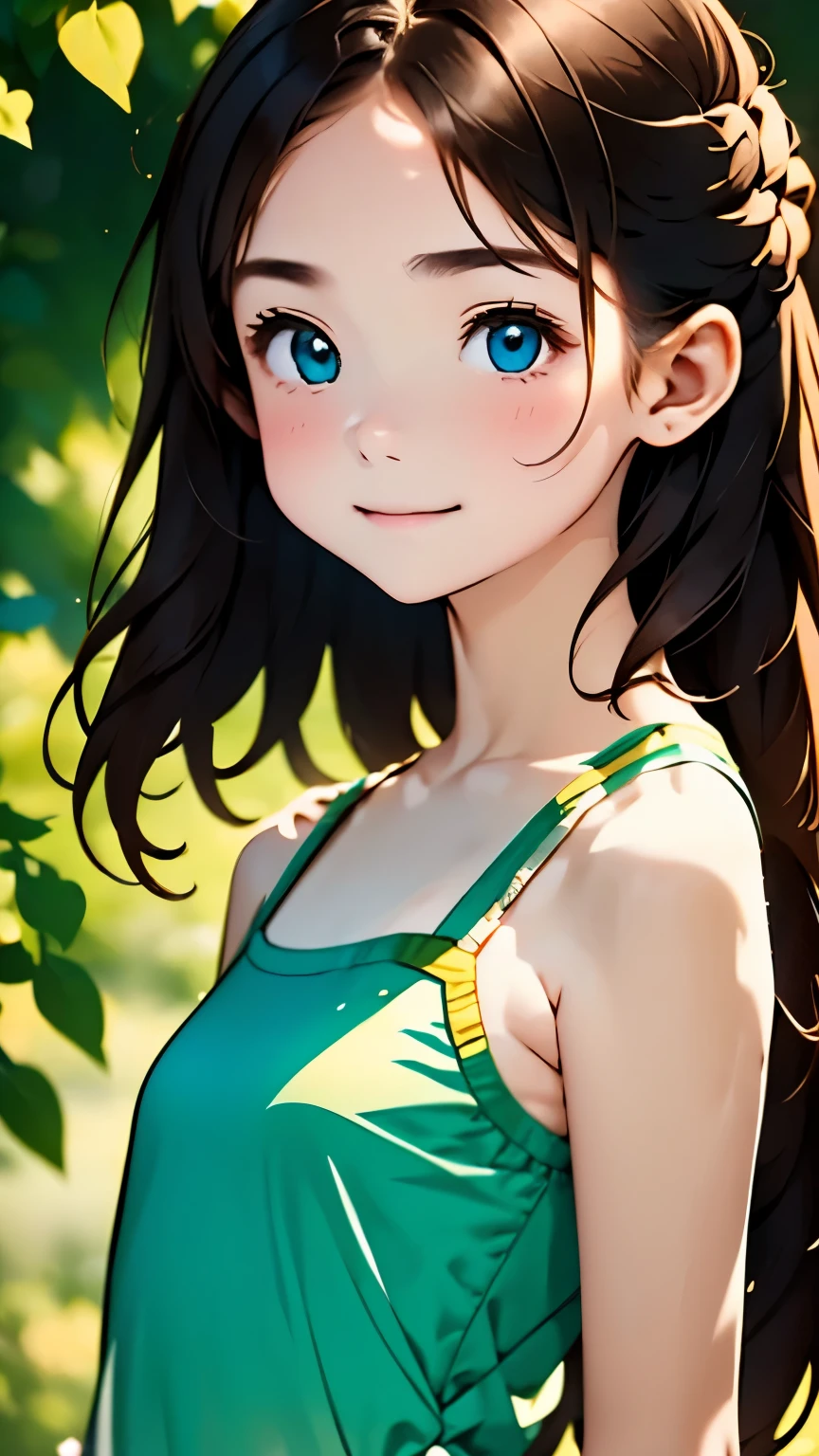 one girl、smile:0.1、pretty girl、brown hair、baby face、young、delicate girl、Upper body、small breasts、unreasonable precision、Super detailed、camisole、completely flat、Honesty、thin arms, professional lighting, film grain, chromatic aberration, (Eye and face details:1.0), (Bokeh:1.1)、school swimwear)))、software:1.5)))、 highest quality, 8k, 14 years,