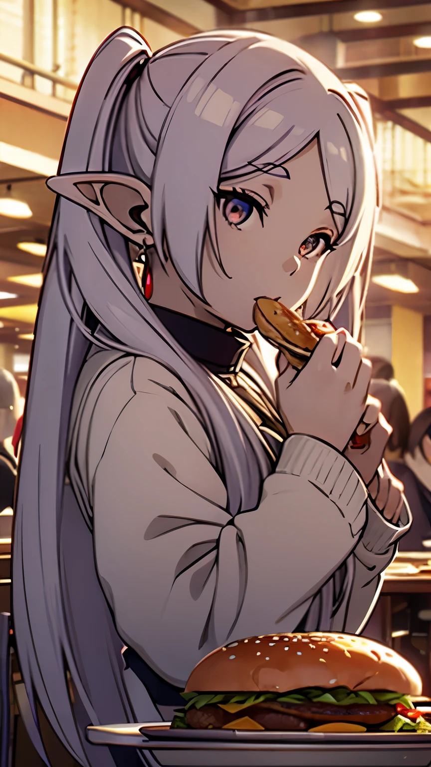 Looking from bottom to top、eat a hamburger bigger than your face、Holding a knife and fork in both handake your eyes sparkle、drooling from the mouth、upper body only、The background is the cafeteria、silver hair、twin tails、Freelen、elf、red earrings、eyes are shining、bright dining room、table