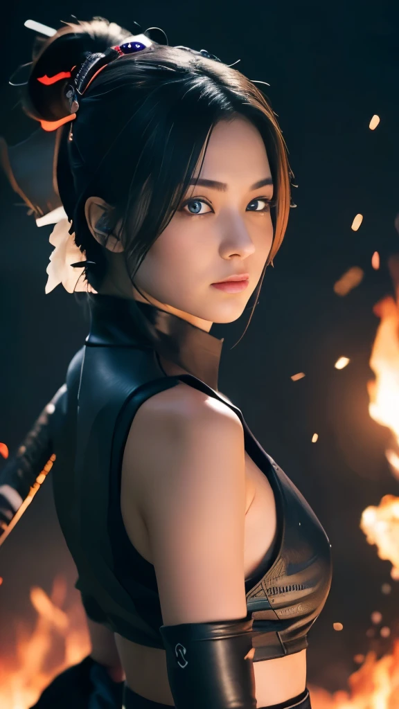 (RAW shooting, Photoreal:1.5, 8k, highest quality, masterpiece, ultra high resolution), Sengoku, fire thing, War fires raging everywhere:1.3, perfect dynamic composition:1.2, Highly detailed skin and facial textures:1.2, Slim female ninja with a sharp dagger:1.3, Fight:1.2, beautiful and aesthetic, cute and sexy beauty, perfect style:1.2, wear elaborate rings, fire, water, Wind, thunder, ice, Fair skin, very beautiful face, radiant white skin, (Medium chest), faint smile, (Wearing tirtle neck ninja suit), sleeveless (beautiful blue eyes), (Bewitching:0.9), cowboy shot, no mask, ninjitsu pose, neon lights, ninjitsu style, magic lights, chakra lights, aura