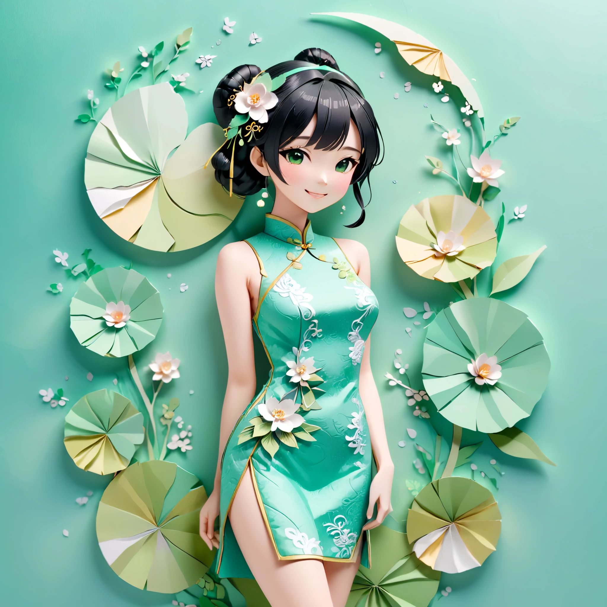 (paper art, Quilted paper art, 3D),  (full body:1.5),1 Cheongsam woman，Shy, Slender figure，perfectly proportions，Delicate hair accessories, smile，Oriental elements，simple background, mint green,  (Soft Lighting, Bokeh)