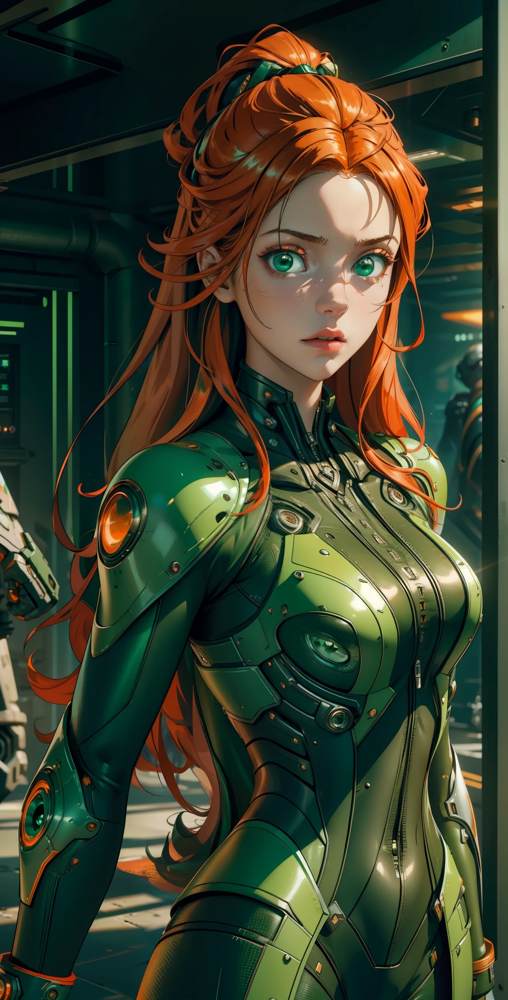 1 girl, solo, ((Best quality)), ((masterpiece)), (detailed:1.4), ((upper body)), 3D, an image of a beautiful cyberpunk female,HDR (High Dynamic Range), Ray Tracing,NVIDIA RTX,Super-Resolution,Unreal 5,Subsurface scattering,PBR Texturing,Post-processing,Anisotropic Filtering,Depth-of-field,Maximum clarity and sharpness,Multi-layered textures,Albedo and Specular maps,Surface shading,Accurate simulation of light-material interaction,Perfect proportions,Octane Render,Two-tone lighting,Wide aperture,Low ISO,White balance,Rule of thirds,8K RAW, (((green eyes))), (((orange long hair))), sam \(totally spies\), orange hair, long hair, green eyes, ((green amor))