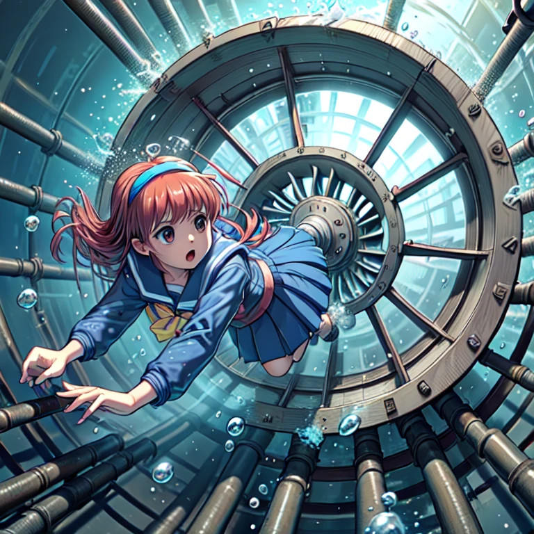 fujisaki shiori, yellow hairband, school uniform, serafuku, long sleeves, pleated skirt, (((electric turbin,industrial pipe,fan,swimming,air bubble,underwater))),