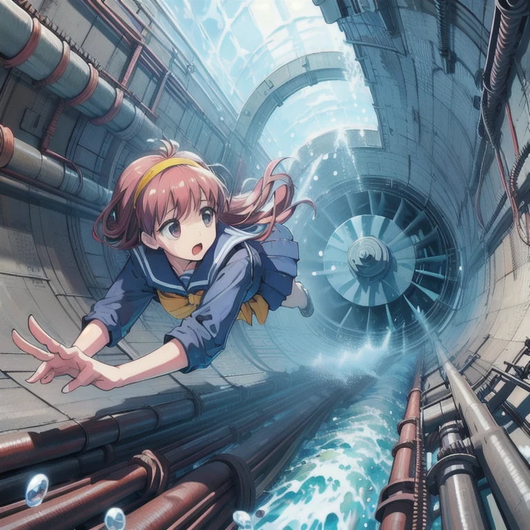 fujisaki shiori, faixa de cabelo amarela, uniforme escolar, serafim, mangas compridas, Saia plissada, (((turbina elétrica,tubo industrial,fã,natação,Bolha de ar,embaixo da agua))),
