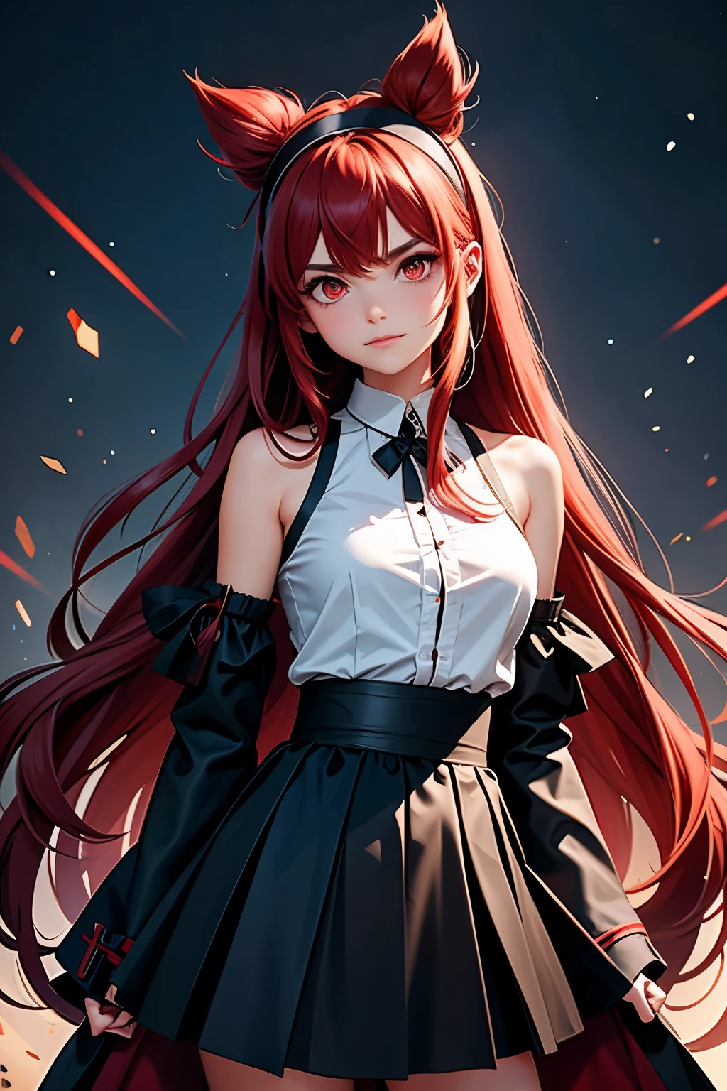 eris greyrat, 1girl, solo, long hair, ahoge, red eyes, red hair, bare shoulders,hairband, crossed arms,blush, skirt, black hairband, breasts, detached sleeves,bangs, hair between eyes, long sleeves, hair flaps, closed mouth, black skirt, brown skirt, shirt, crossed bangs, very long hair, white shirt,biwm,pointing at self,shouting,angry, 