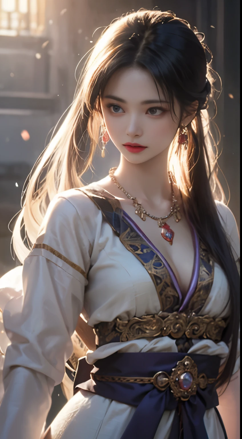 Une belle fille portant un costume chinois Han, chemise en soie blanche violet clair，Beaucoup de textures, haut en dentelle blanche, cheveux longs en queue de cheval violet platine, bijoux, ear bijoux, colliers et colliers, grands yeux violets méticuleusement dessinés, maquillage détaillé, sourcils fins, nez haut, belles lèvres rouges, aucun sourire, lèvres pincées, joues roses, large poitrine, gros seins, poitrine bien proportionnée, taille fine, Chaussettes résille violettes, Style chinois hanfu, texture artistique fictive, Les couleurs sont vives et fidèles à la réalité, Photo brute, images réalistes, Photos surréalistes 8K de très haute qualité, (effet de lumière fantastique efficace: 1.8), 10x pixels, effet magique (arrière-plan): 1.8), Yeux hyper détaillés, portrait complet du corps d&#39;une jeune fille , 中国王室のarrière-plan