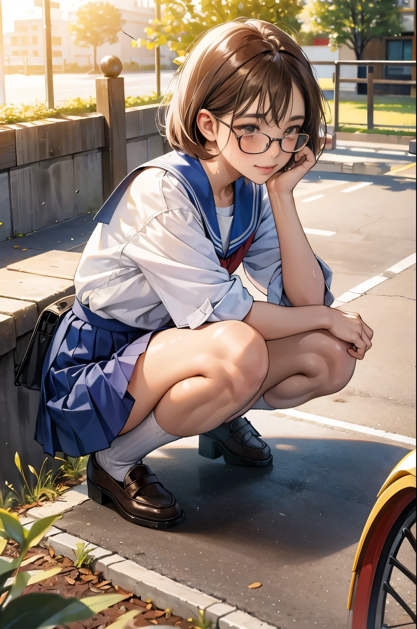 masterpiece, ultra detailed, 8k portrait, (super flat, flat shading), Honors Type, Really blushing, 17 years old, Japanese school girl, Short bob cut light brown hair, red rim Glasses, (((sun burn brown skin))), sweaty healthy body, mesugaki smile, school uniform, bare legs, loafers, ultra realistic, early morning, squatting in crowded street, (((stained panties, pee stain))), cameltoe,