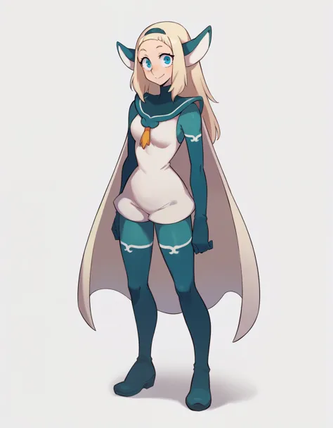score_9, score_8_up, score_7_up, score_6_up, BREAK, source_cartoon, source_anime, 1girl, bakarajurgen, blonde hair, long hair, blue eyes, hairband, animal ears, gloves, hairband, cape, full body, standing, smile, looking at viewer, solo, simple background,...