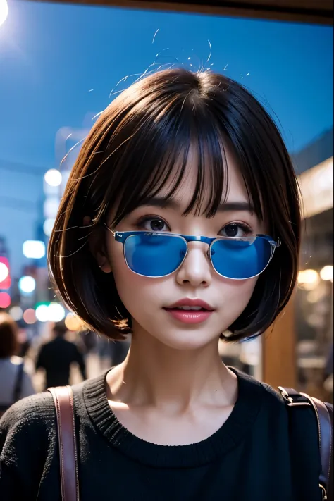 glasses:1.3, blue sky:1.2, Tokyo:1.2, medium bob
