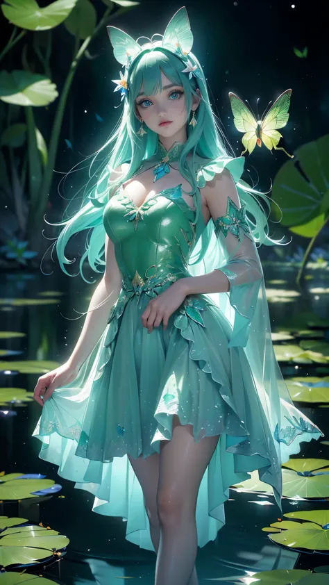 (La mejor calidad,A high resolution,Ultra - detallado,actual),Ariana Grande, (vestido verde:1.4 ), (loto pond), (Water lily leaf...
