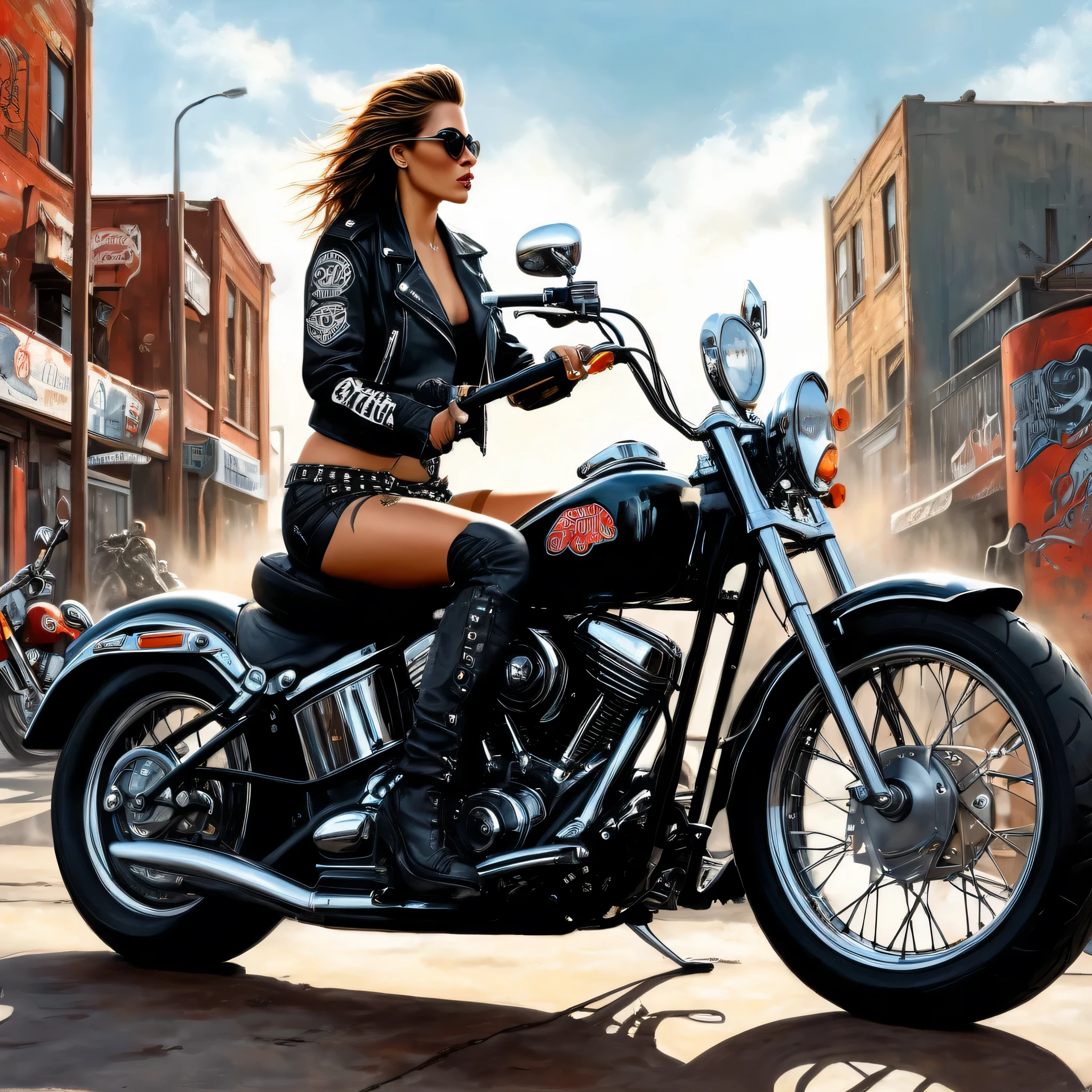 A detailed digital airbrush painting of a beautiful, mulher estilo rock sentada em uma motocicleta, inspired by the biker club aesthetic, similar to the vibration of &#39;Sons of Anarchy&#39;. The scene takes place in an urban setting, mixing elements of realism and artistic talent. The image must be highly detailed and painted in an oil painting style, mostrando detalhes intrincados do traje da mulher, a motocicleta, e o entorno urbano. The composition must capture the brave, rebellious essence of a biker&#39;s life, focusing on realism and artistic beauty.