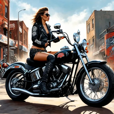 A detailed digital airbrush painting of a beautiful, mulher estilo rock sentada em uma motocicleta, inspired by the biker club a...