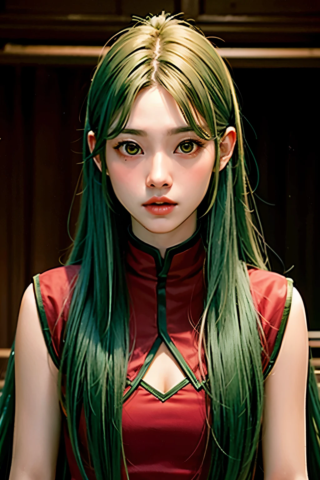 A female goblin, long dark green hair, yellow eyes, thin lips, round face, small breasts, wearing red tunic, beautiful female goblin