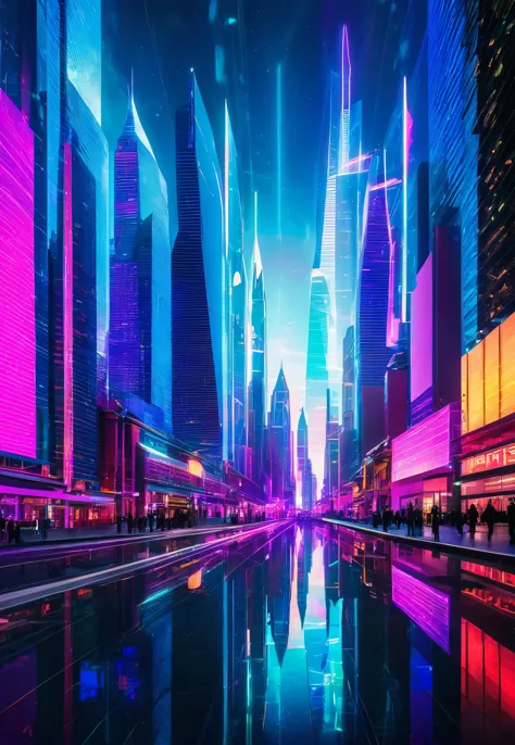 a futuristic cityscape with holographic neon lights illuminating the sky, reflecting off of glass skyscrapers.