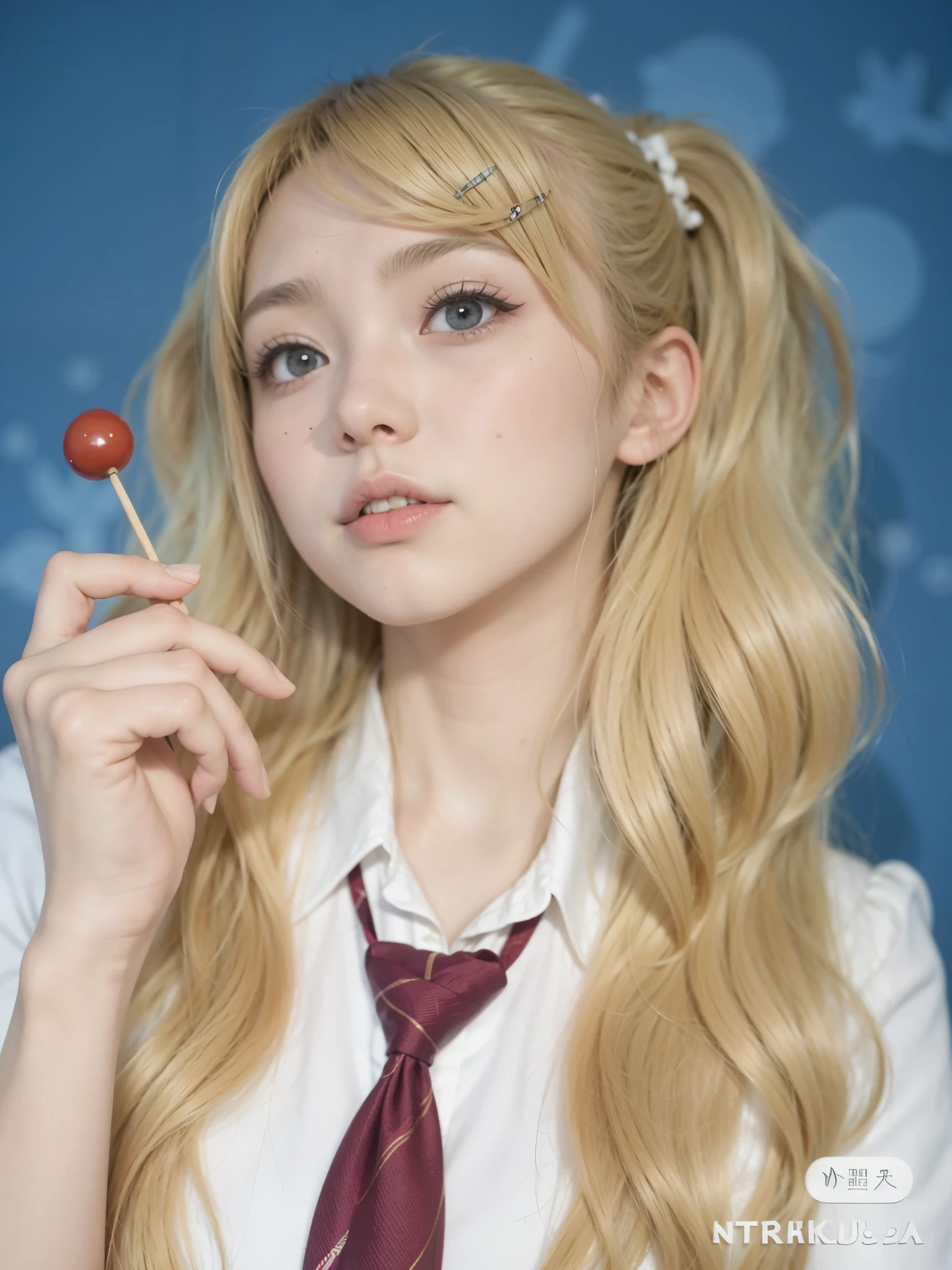 Blonde haired girl with a tie and a lollipop in her hand - SeaArt AI