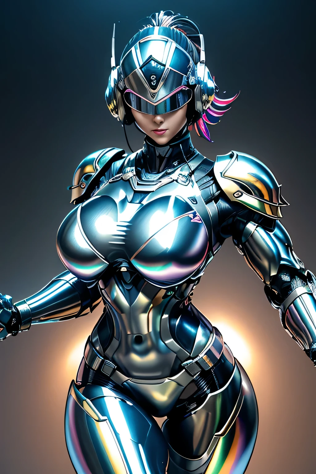 female robocop solo、Armor that completely covers the whole body、very large armor、helmet with straight, narrow goggles to hide your eyes、Metallic Rainbow Armor、Armor that completely covers the chest、thin and long legs、Vibrant Posel Body View,luscious lips,(big and full breasts:1.3), (sports body:1.5)、five fingers