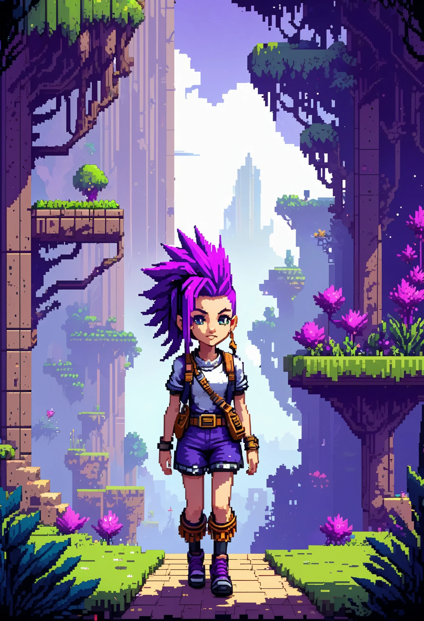 Pixel-Art Adventure featuring a Girl with a purple mohawk: Pixelated girl character, vibrant 8-bit environment, reminiscent of classic games.,Leonardo Style