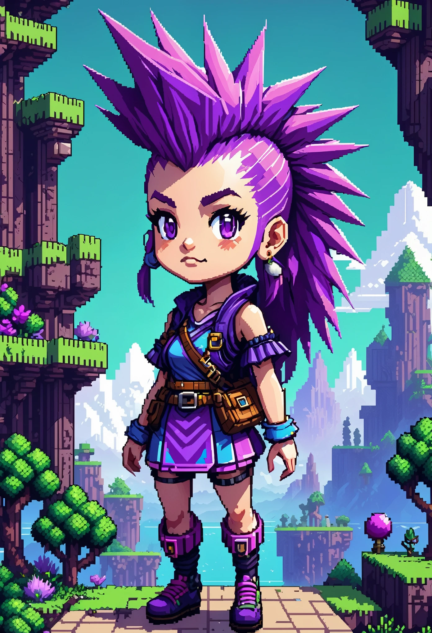 Pixel-Art Adventure featuring a Girl with a purple mohawk: Pixelated girl character, vibrant 8-bit environment, reminiscent of classic games.,Leonardo Style
