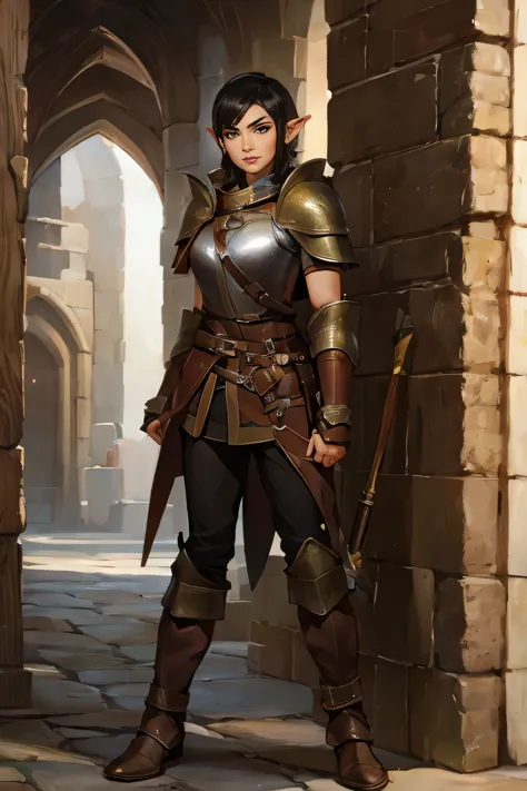 pathfinder, portrait of a young elf woman with bronze skin and short black hair wearing leather armor annd pants