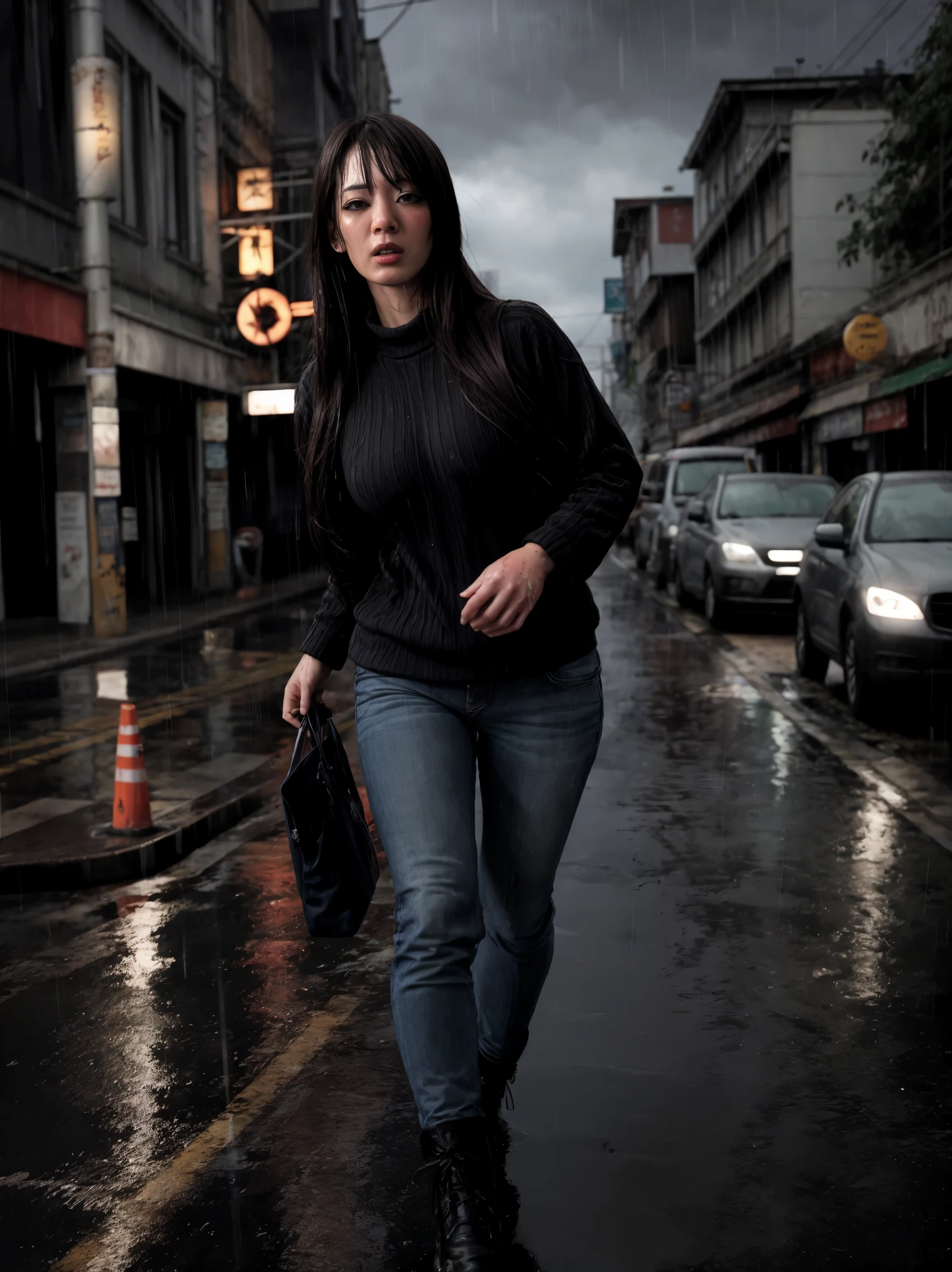 photo of a 21 year old girl BREAK walking night city rain BREAK ultra detailed BREAK wet black clothes BREAK torrential rain night neon lights # Portrait photo