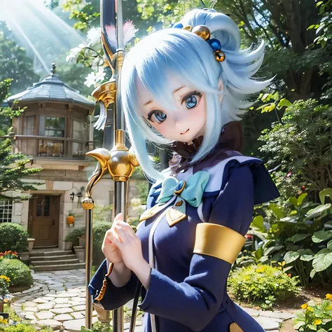 (a young girl and) blue hair, (wearing) a white and blue dress, (holding) staff, (standing) in the midst of lush greenery, livel...