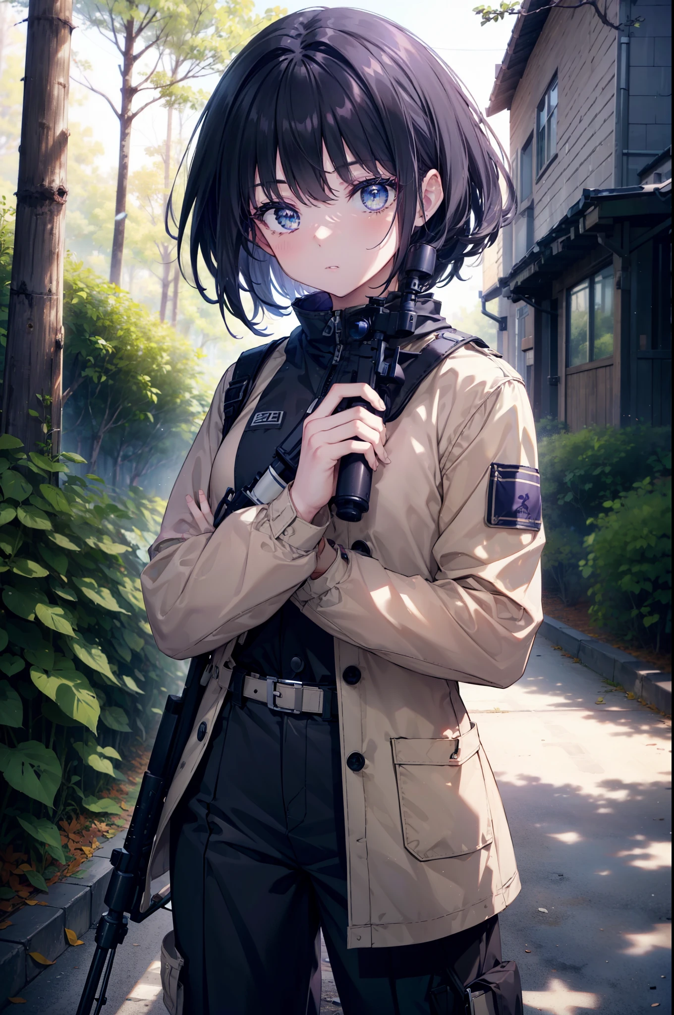 Takiuchi Kame, Hör zu, Kurzes Haar, bangs,  schwarzes Haar, (lila Augen:1.2),Uniform,Armyhosen,Armeestiefel,((Halten Sie ein Scharfschützengewehr in der Hand)), ((Repetierbüchsen),
brechen outdoors, Wald,Wald林
brechen looking at viewer, (Cowboy-Schuss:1.5),
brechen (Meisterwerk:1.2), höchste Qualität, Hohe Auflösung, Einheit 8k Hintergrundbild, (Figur:0.8), (detaillierte und schöne Augen:1.6), sehr detailliertes Gesicht, Perfekte Beleuchtung, Sehr detaillierte CG, (perfekte Hände, Perfekte Anatomie),