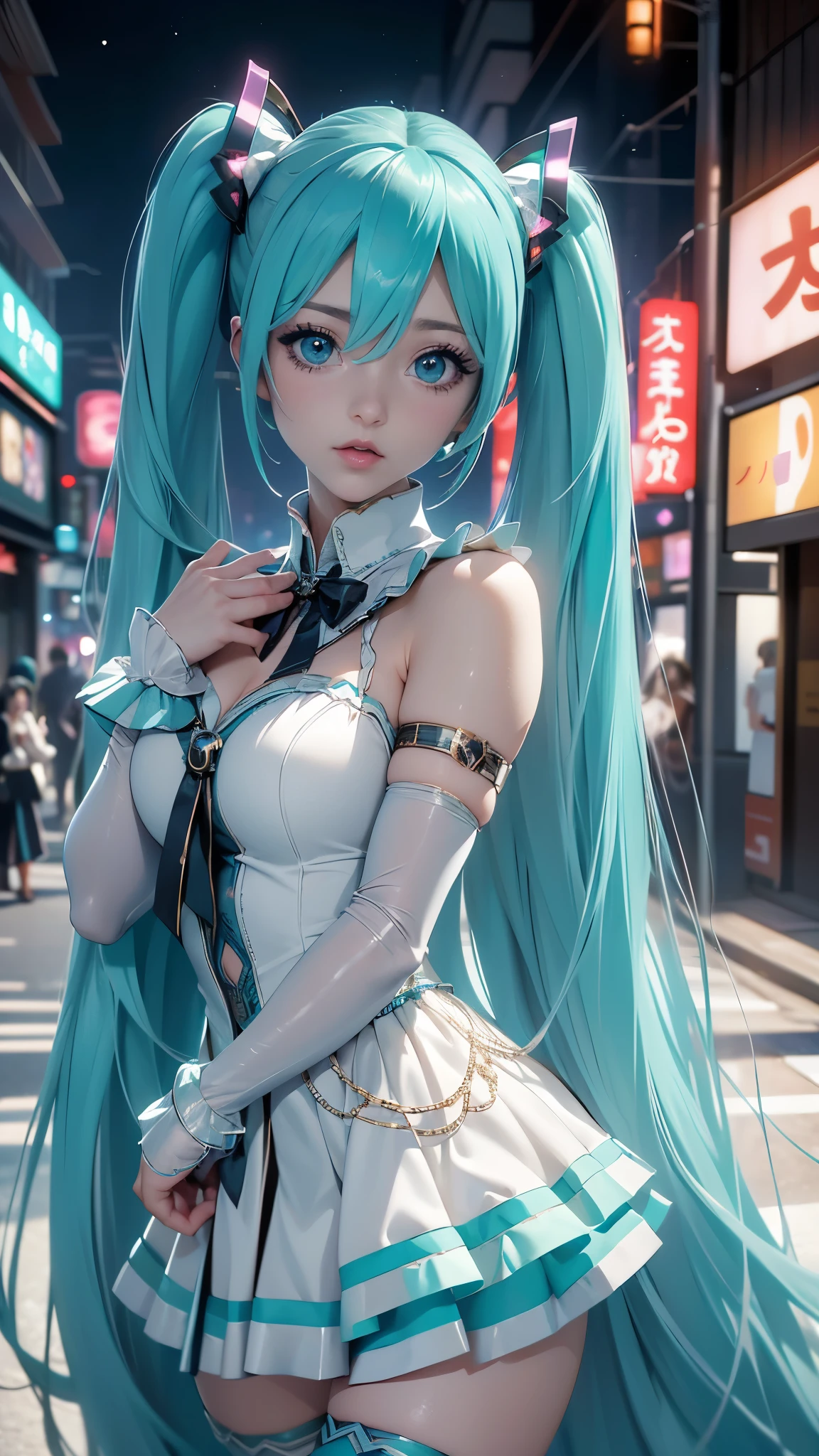 (La mejor calidad,A high resolution,Ultra - detallado,actual),Ariana Grande, chica anime cosplay, anime cosplay, (Hatsune MikuCosplay:1.4) , foto de cosplay, dos colas blancas_guantes, cosplay, lindo anime waifu con un bonito vestido, chica anime con pelo largo, Diosa del anime, cosplay elegante y glamoroso, chica anime disfrazada de sirvientaMore detailed 8K.motor irreal:1.4,HD,La mejor calidad:1.4, fotorrealista:1.4, textura de la piel:1.4, obra maestra:1.8,obra maestra, mejor calidad,objeto Objeto], (rasgos faciales detallados:1.3),(Las proporciones correctas),(Ojos hermosos azules:1.4 ),  (pose vaquero), ,( ciberpunk 2.1), (vestuario kawaii :1.4), (dedos detailed :1.4), (perfect anatomy), (tokyo night alley background:1.4) 