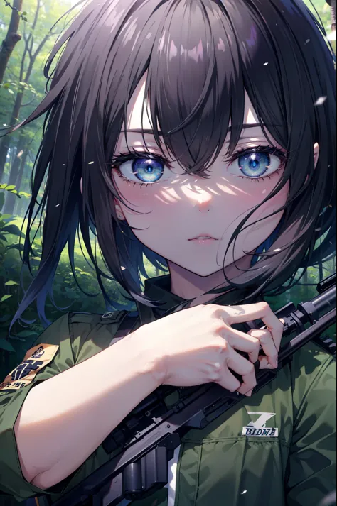 Takiuchi Kame, check it out, short hair, bangs,  black hair, (purple eyes:1.2),((sniper rifleを構える)), ((Bolt-Action Rifles),arms,...