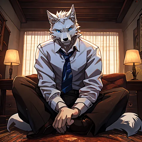 best quality, masterpiece, blue eyes, white fur，white wolf，White shirt unbuttoned，sit on the floor，Crying and looking at the scr...